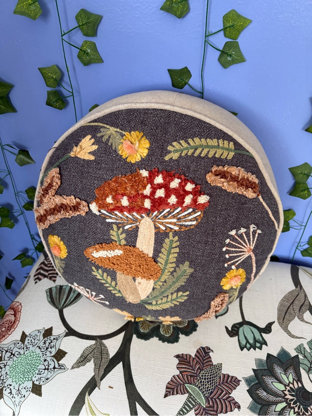 Embroidered Mushroom Round Cushion - Gray with Multicolor Floral Design